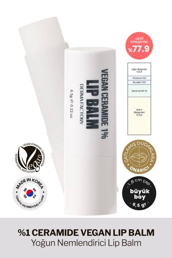 %1 Seramid İçeren Büyük Boy Yoğun Nemlendirici Dudak Balmı Derma Factory Vegan Ceramide Lip Balm - 1