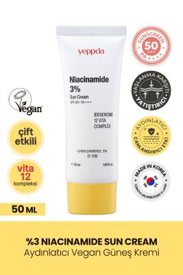 %3 Niacinamide İçeren Aydınlatıcı Vegan Güneş Kremi Yeppda Niacinamide Sun Cream SPF50+ PA++++ 50ml - 2