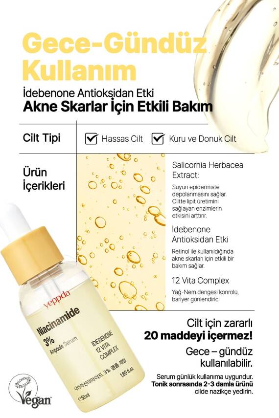 %3 Niacinamide İçeren Aydınlatıcı Vegan Serum Yeppda Niacinamide %3 Ampoule Serum 50ml Büyük Boy - 5