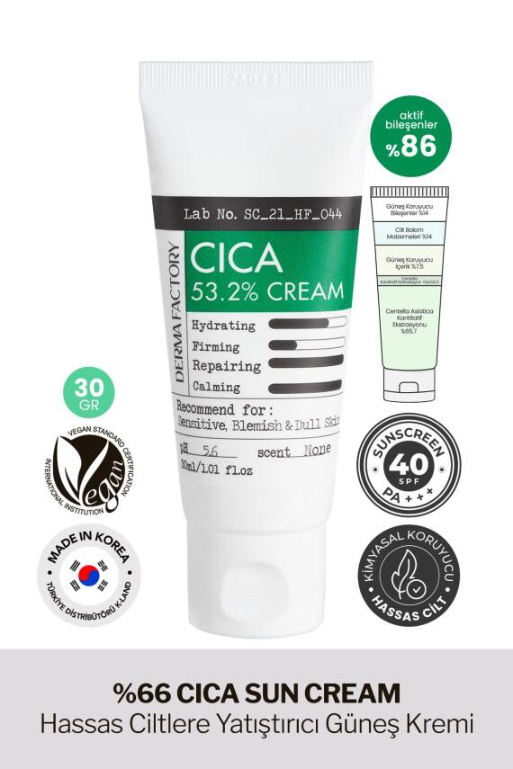 %66 Centella Asiatica İçeren Yatıştırıcı Güneş Kremi Derma Factory Cica Sun Cream sp40 pa+++ 30gr - 2