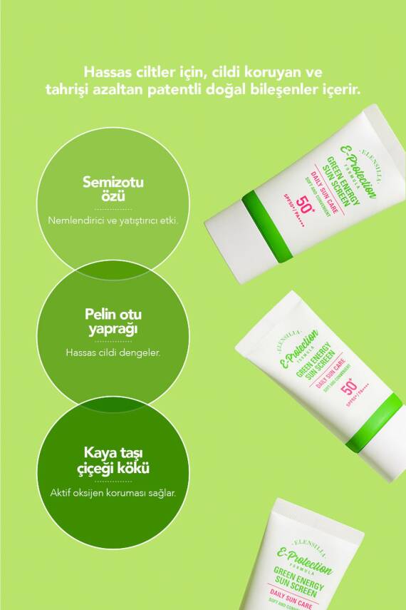 8Çeşit Cica ve Hyaluronic Acid,Nemlendirici Kore Güneş Kremi Elensilia Green Energy Sun SPF50+PA++++ - 3