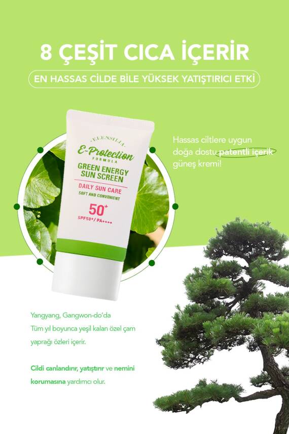 8Çeşit Cica ve Hyaluronic Acid,Nemlendirici Kore Güneş Kremi Elensilia Green Energy Sun SPF50+PA++++ - 4