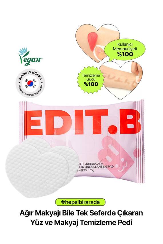 Ağır Makyajı Bile Tek Seferde Çıkaran Yüz ve Makyaj Temizleme Pedi EDIT.B Joyfull Heart Pad 30lu - 1