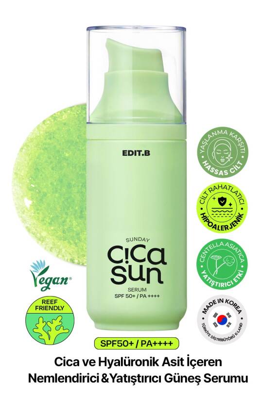 Cica ve Hyalüronik Asit İçeren Nemlendirici SPF50+ Güneş Korumalı Yatıştırıcı EDIT.B Sun Serum 55 ML - 1