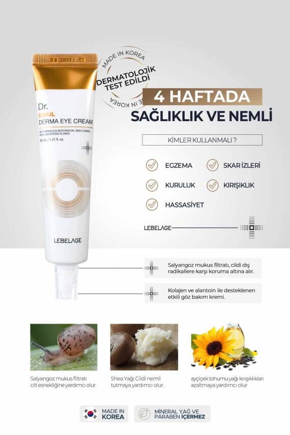 Egzama Ve Kırışıklık Karşıtı Salyangoz Özlü Nemlendirici Göz Kremi Dr. Snail Derma Eye Cream 40 ml - 3