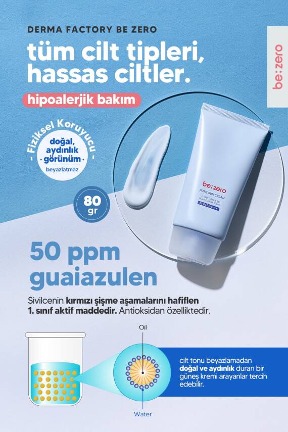 Hassas Ciltler İçin Azulen ve Panthenol İçeren Güneş Kremi Derma Factory Be Zero Pure Sun Cream 80GR - 4