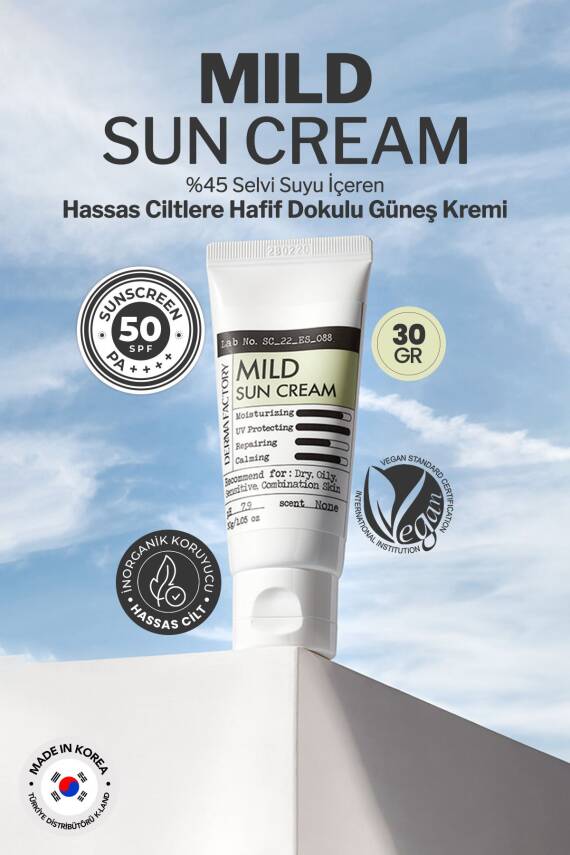 Hassas Ciltler İçin Hafif Dokulu Vegan Güneş Kremi Derma Factory Mild Sun Cream SPF 50+ PA++++ 30ml - 2