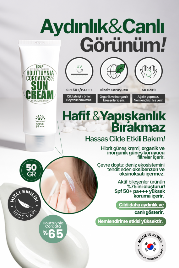 Hassas Ciltler İçin Houttuynia Cordata İçeren Hibrit Vegan Güneş Kremi Derma Factory Sun Cream 50 gr - 2