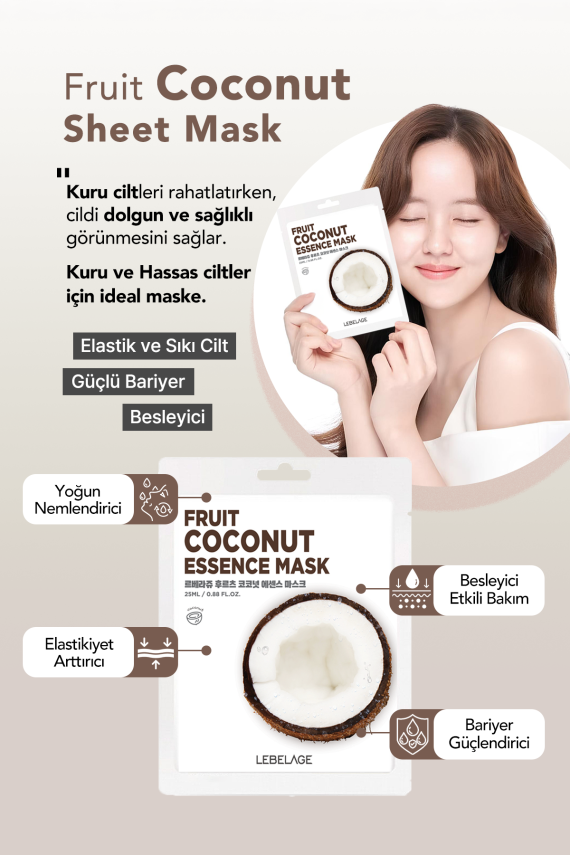 Hindistan Cevizi Özü İçeren Nemlendirici Kağıt Maske Lebelage Fruit Coconut Mask - 4