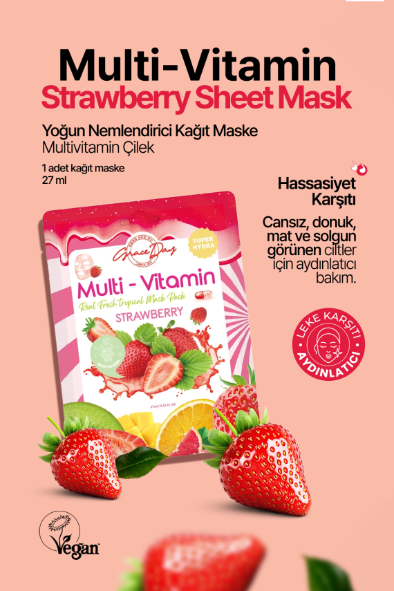 Multivitamin Çilek Yoğun Nemlendirici Kağıt Maske Grace Day Strawberry Sheet Mask ( Vegan Maske ) - 3