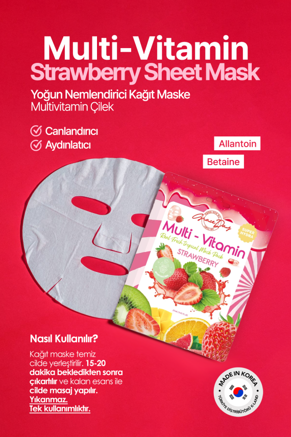 Multivitamin Çilek Yoğun Nemlendirici Kağıt Maske Grace Day Strawberry Sheet Mask ( Vegan Maske ) - 4