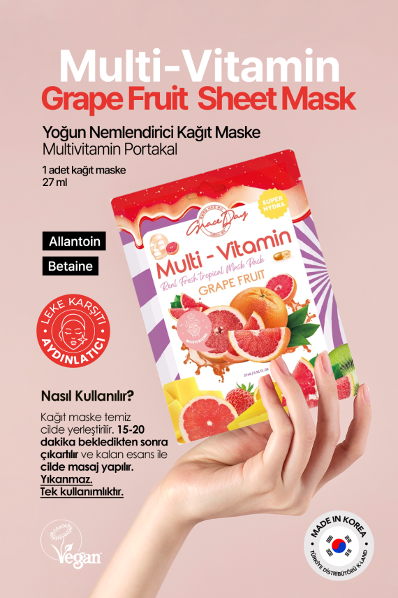 Multivitamin Greyfurt Yoğun Nemlendirici Kağıt Maske Grace Day GraceFruit Sheet Mask ( Vegan Maske ) - 3